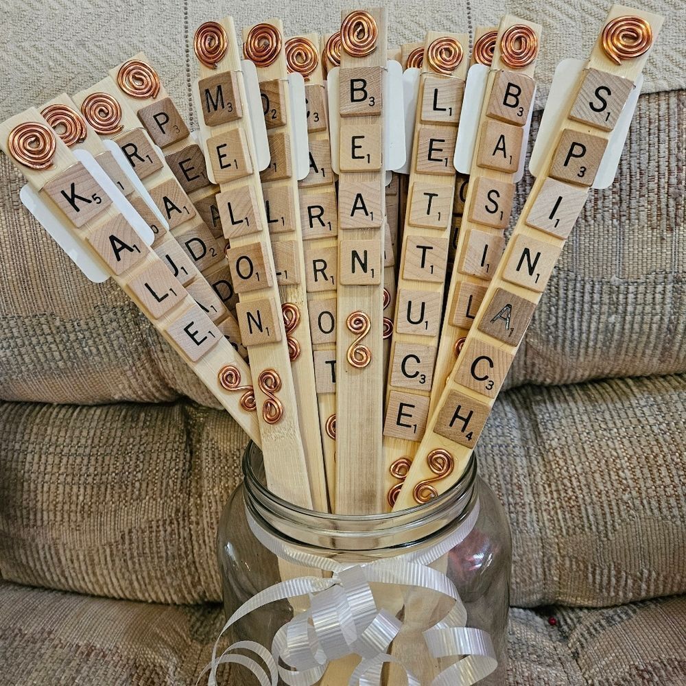 Wooden Garden Markers with Scrabble Tiles And Copper Accents,  Set Of 10